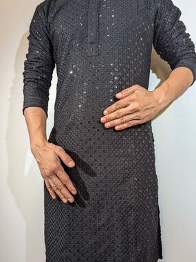 Black Textured Men's Kurta with Subtle Sequins